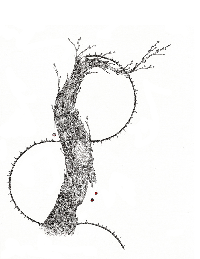 Black ink drawing of a twisting tree with circular graphic elements behind it against a white background